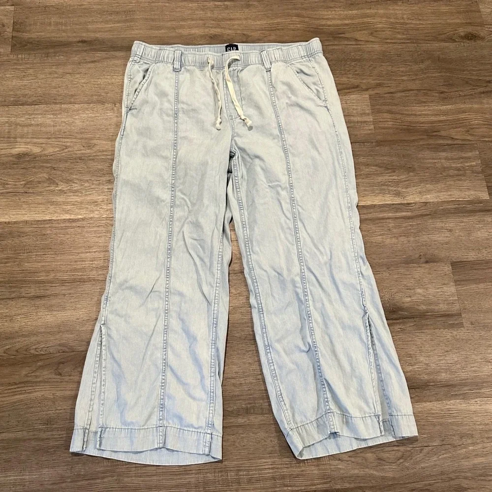 Gap Womens XL Light Wash Chambray Wide Leg Drawstring Pintuck Pants Slit Hem